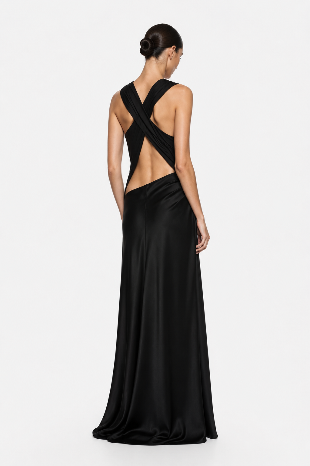 Black halter drape evening dress with cross-back straps and open back