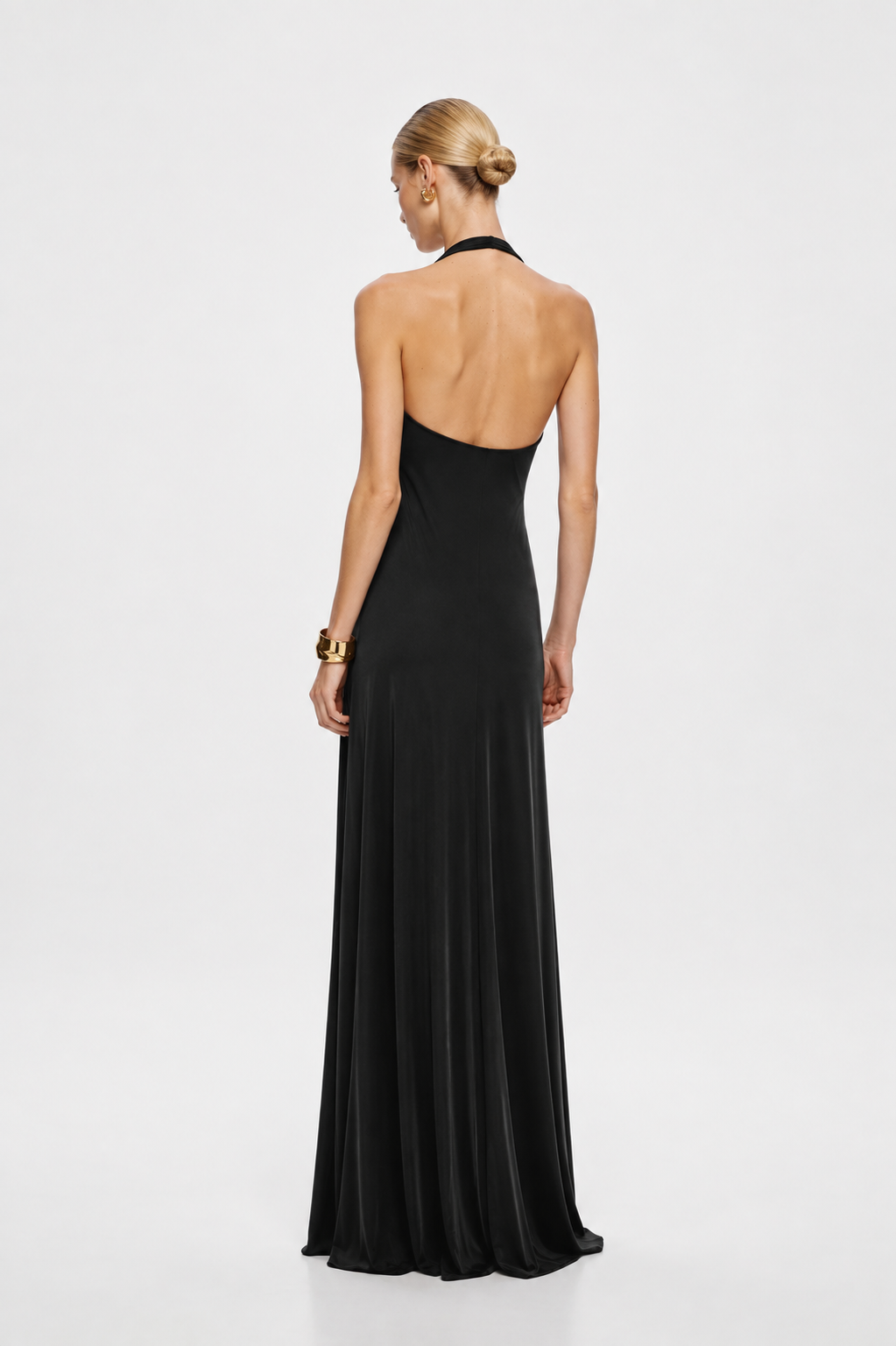 Black open-back sleeveless cupro dress with draped pleated maxi skirt