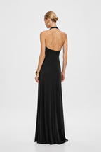Black open-back sleeveless cupro dress with draped pleated maxi skirt