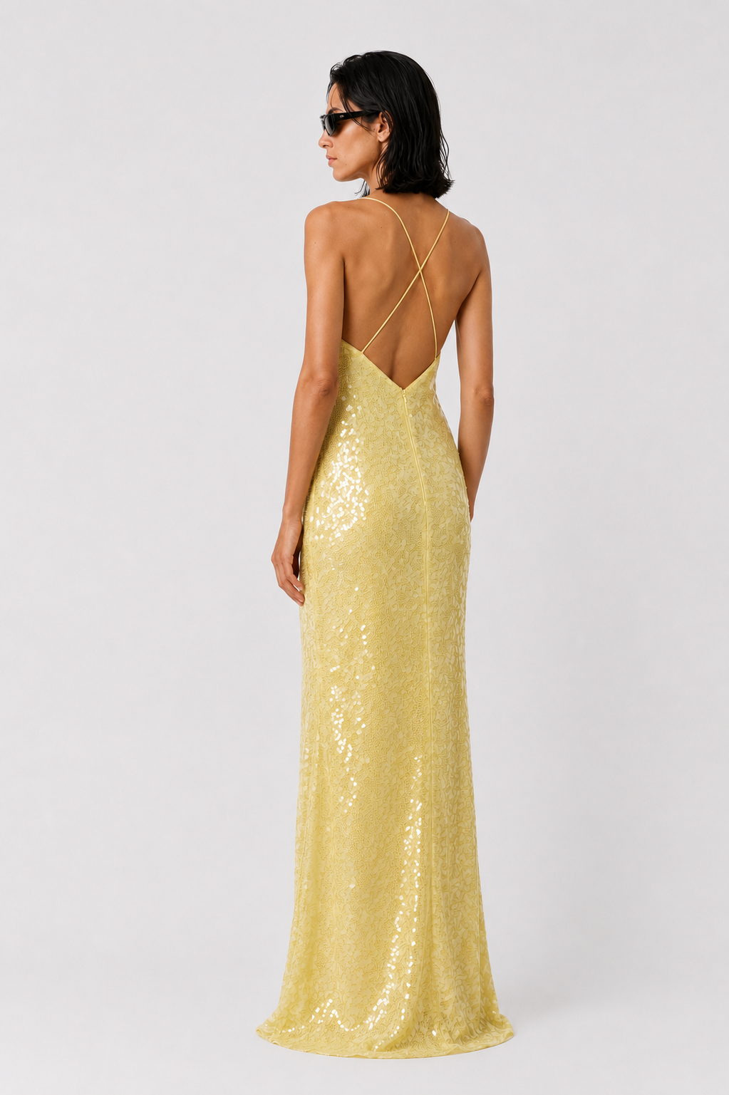 Lemon sequin maxi dress with open back and crisscross spaghetti straps