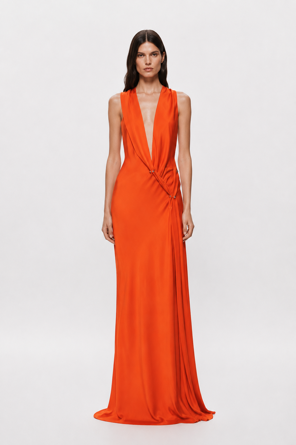 Chilli orange satin maxi dress, sleeveless V-neck and draped waist tie