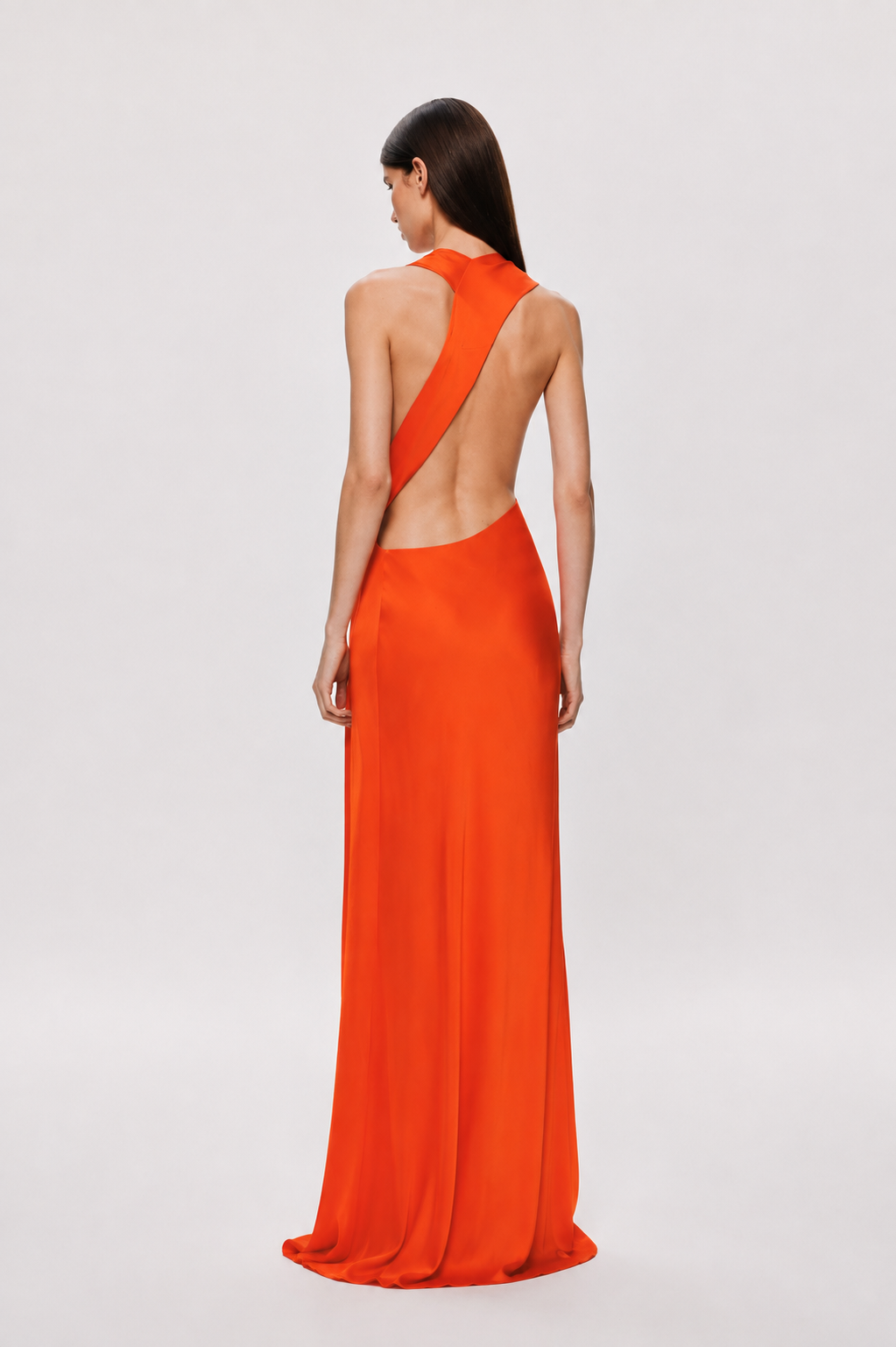 Chilli orange satin maxi dress, halter back with open back and waist tie