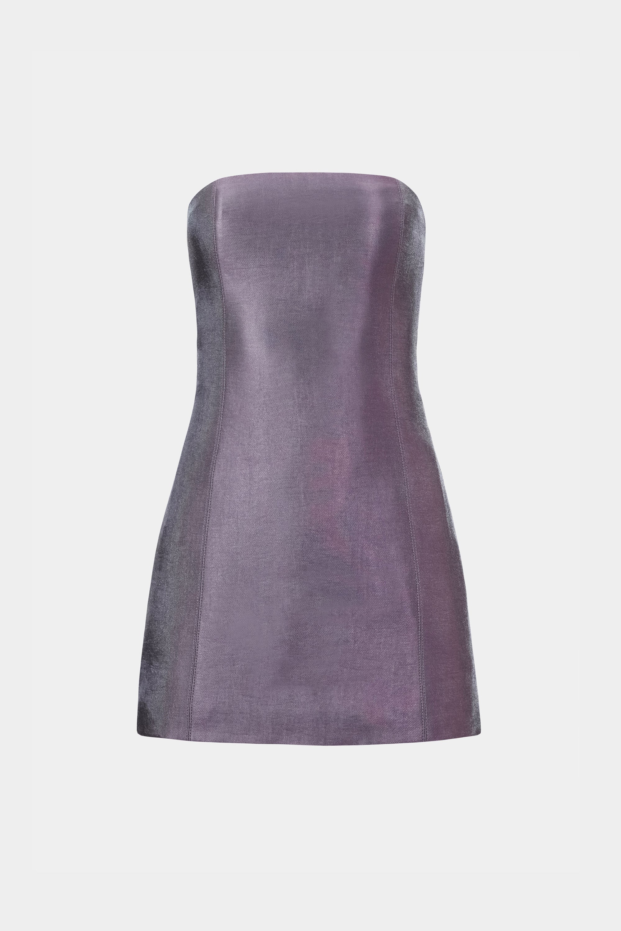 Aubergine strapless mini puffer dress with curved sculpted silhouette