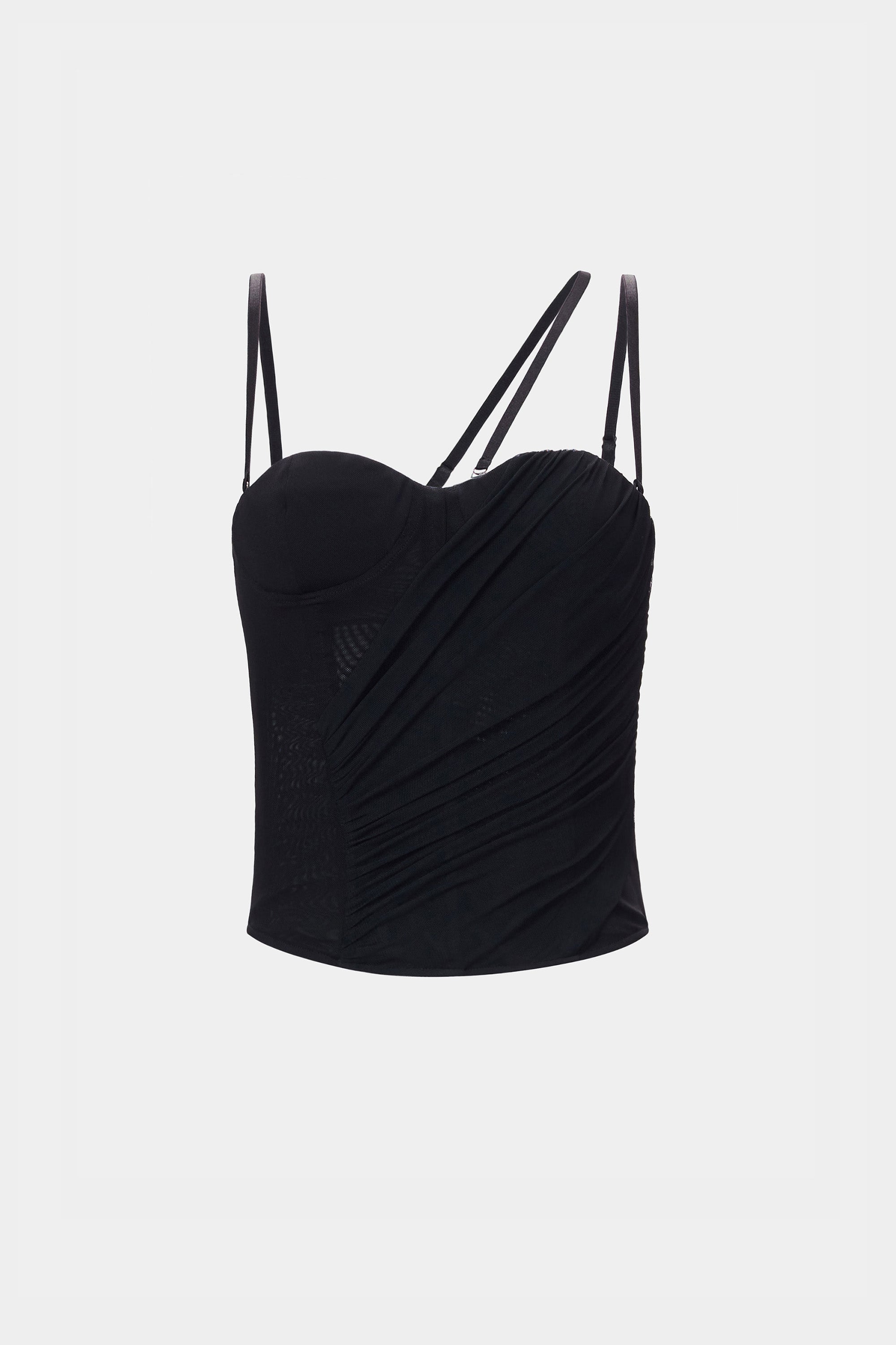 Black mesh corset top with sweetheart neckline and thin spaghetti straps