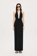 Black sleeveless halter maxi dress with deep V neckline