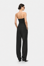 Black strapless jersey bodysuit back view with scoop back and fitted waist seam