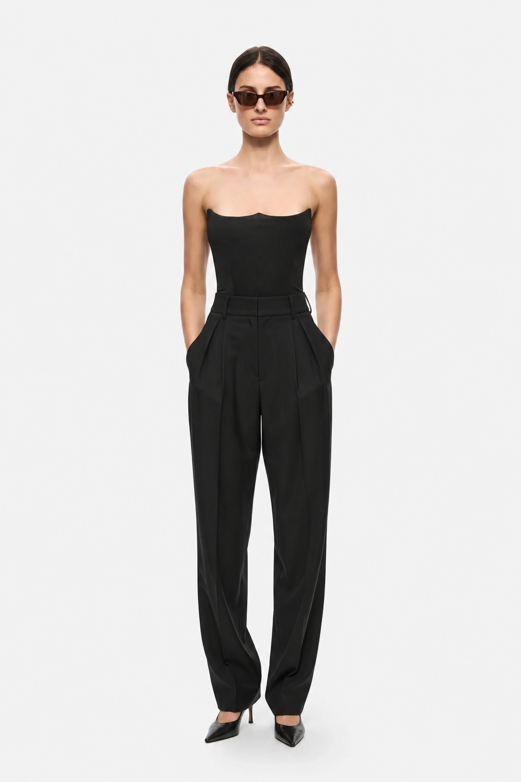 Black strapless jersey bodysuit with straight neckline and fitted waist seam