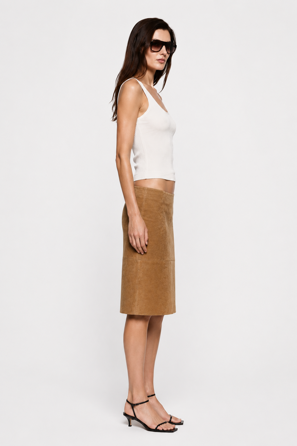Butterrumm suede leather midi pencil skirt, straight cut with side seam