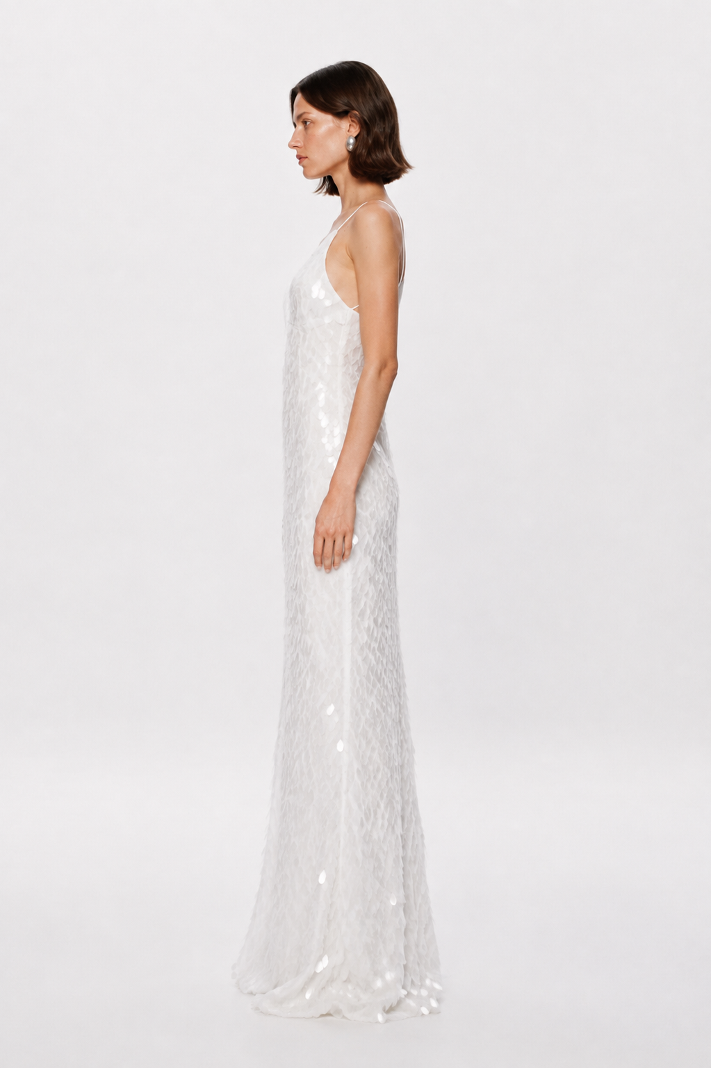 Ivory sequin maxi dress with open-back keyhole detail and spaghetti straps