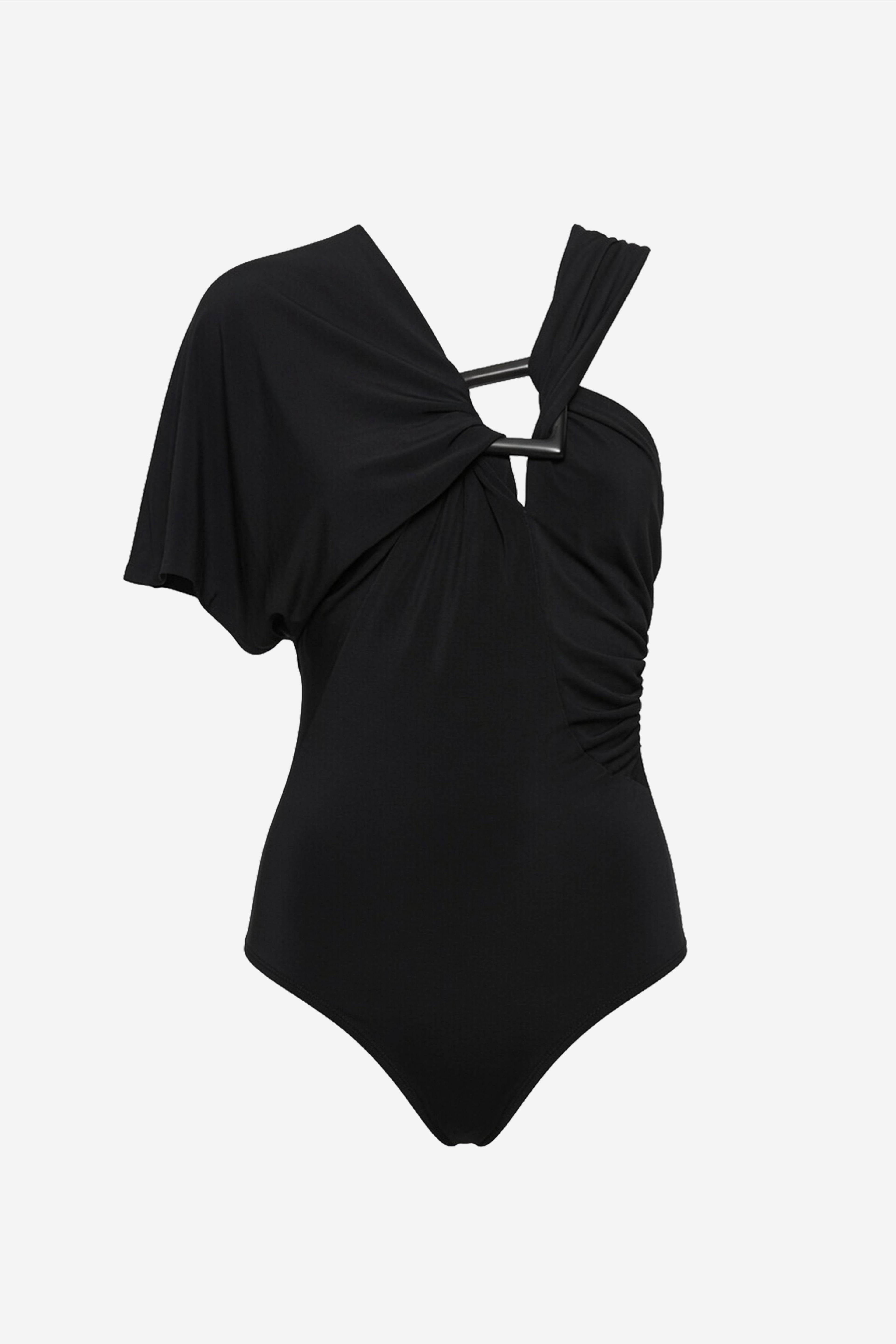 Black jersey bodysuit with short sleeves, one-shoulder neckline, draped knot detail