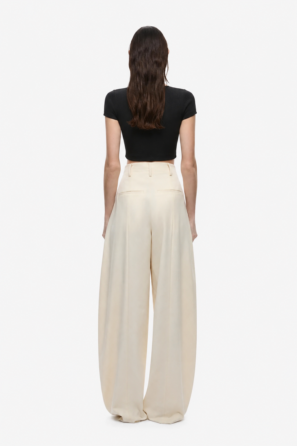 Cream wide-leg trousers, back view with high waist and center seam