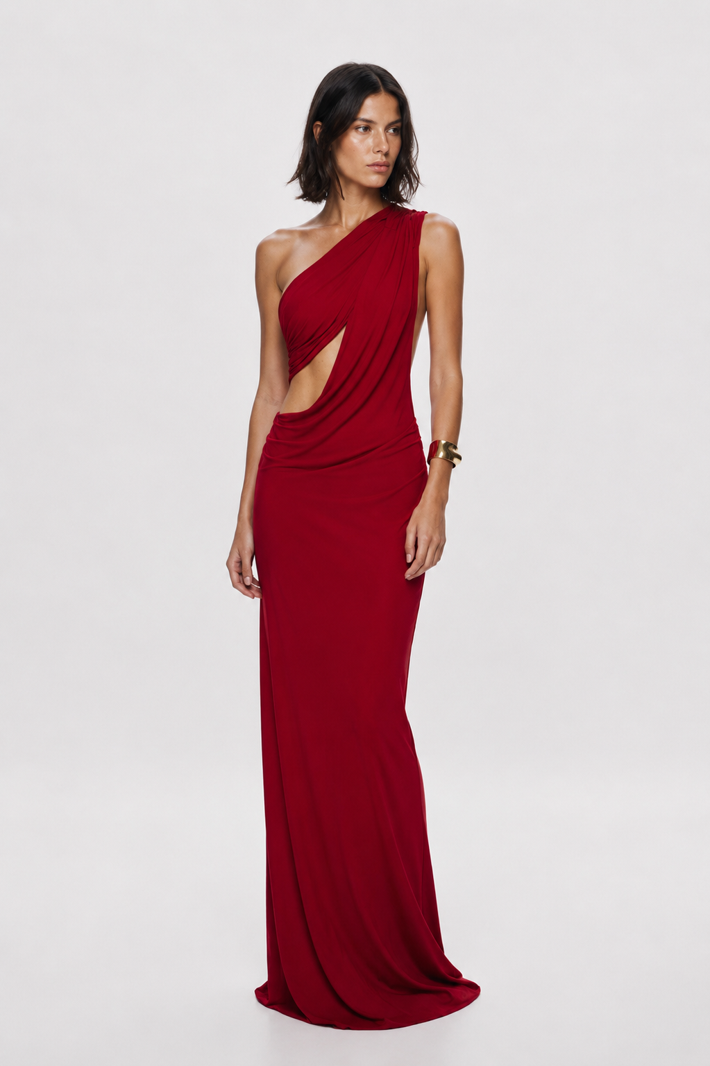 Cherry red draped one-shoulder cupro maxi dress with diagonal wrap