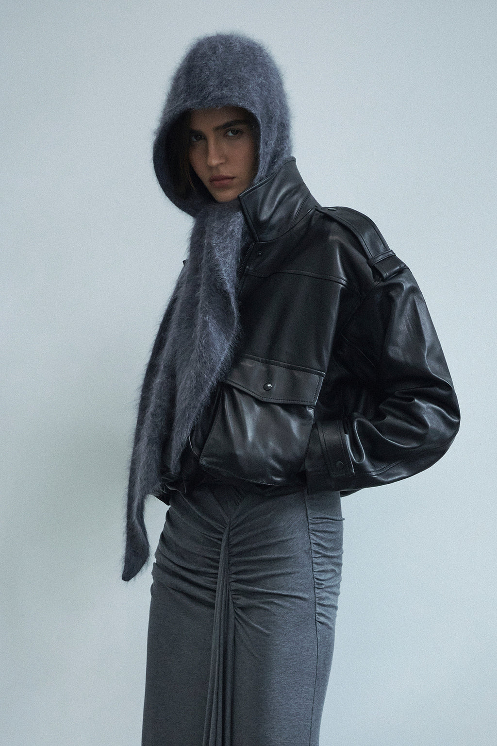 Dark charcoal cashmere hood with full coverage and soft textured finish