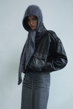 Dark charcoal cashmere hood with full coverage and soft textured finish