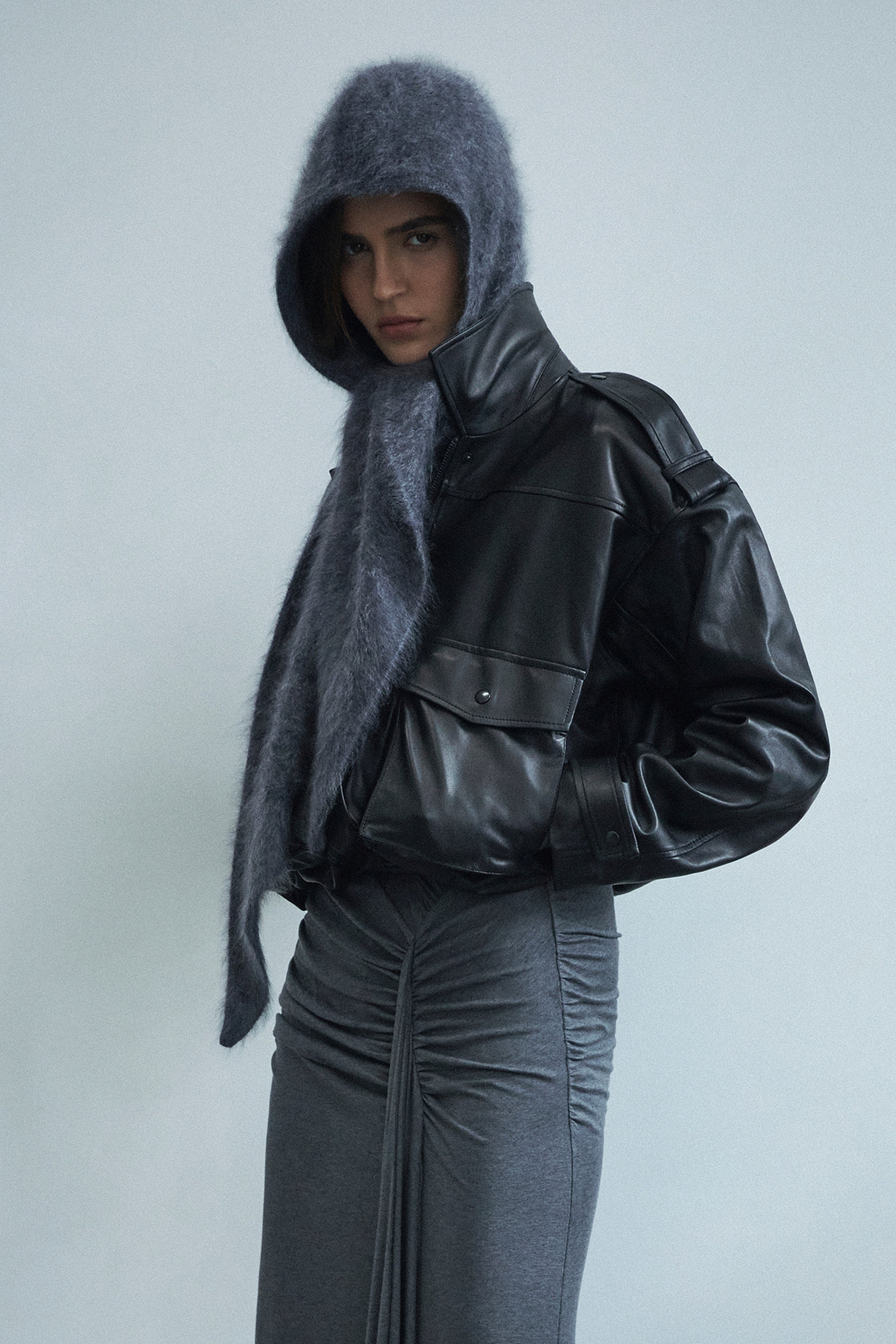 Dark charcoal cashmere hood with full coverage and soft textured finish