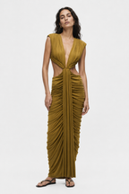 THE SOLACIA cupro dress in olive green, sleeveless V-neck with ruched drape