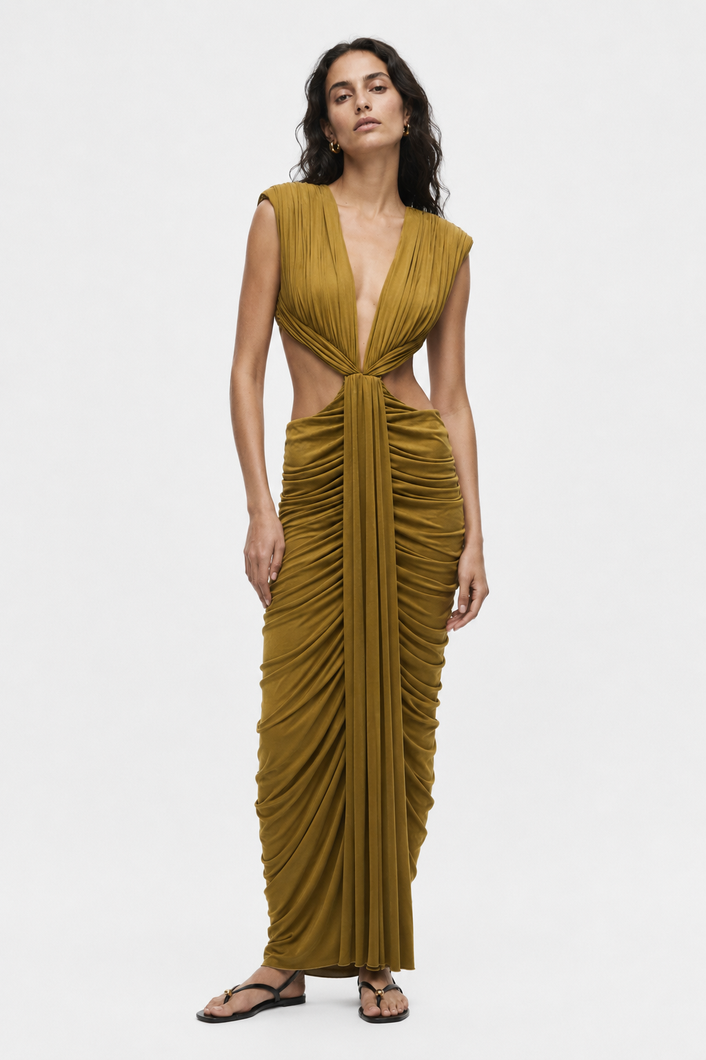 THE SOLACIA cupro dress in olive green, sleeveless V-neck with ruched drape