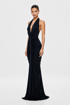 Black gathered cupro halter dress with side drape and gathered waist knot