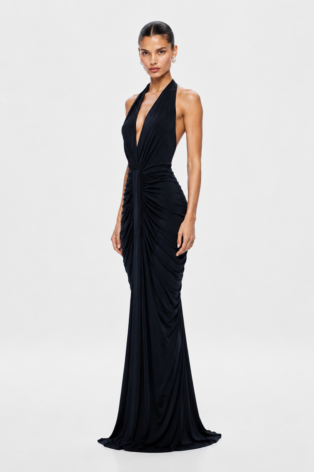 Black gathered cupro halter dress with side drape and gathered waist knot