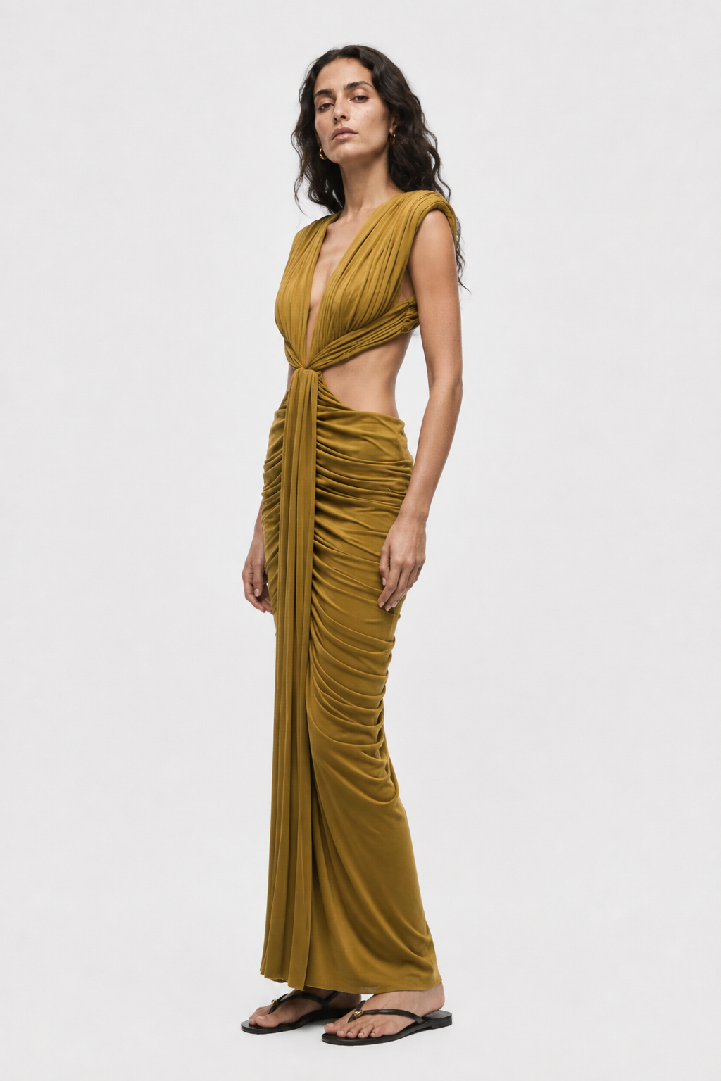 THE SOLACIA cupro dress side view in olive green, sleeveless V-neck with ruched sides