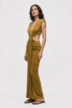 THE SOLACIA cupro dress side view in olive green, sleeveless V-neck with ruched sides