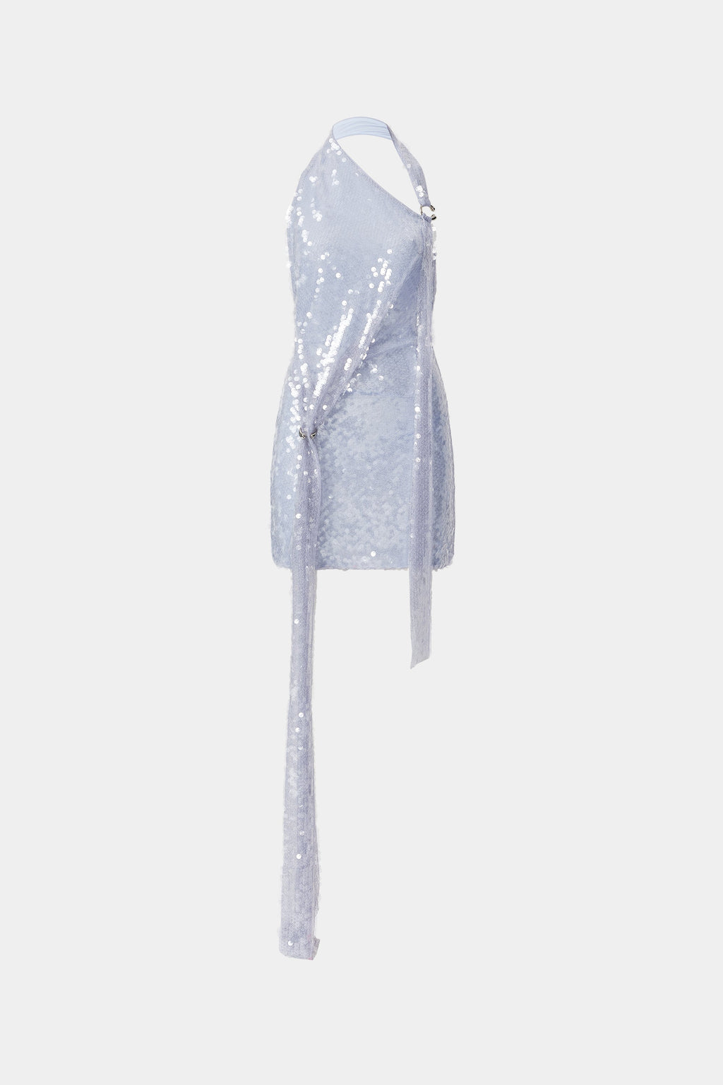 Cloud blue sequin mini dress with asymmetrical drape and thin straps
