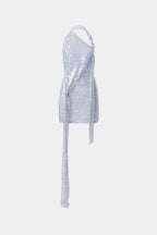 Cloud blue sequin mini dress with asymmetrical drape and thin straps