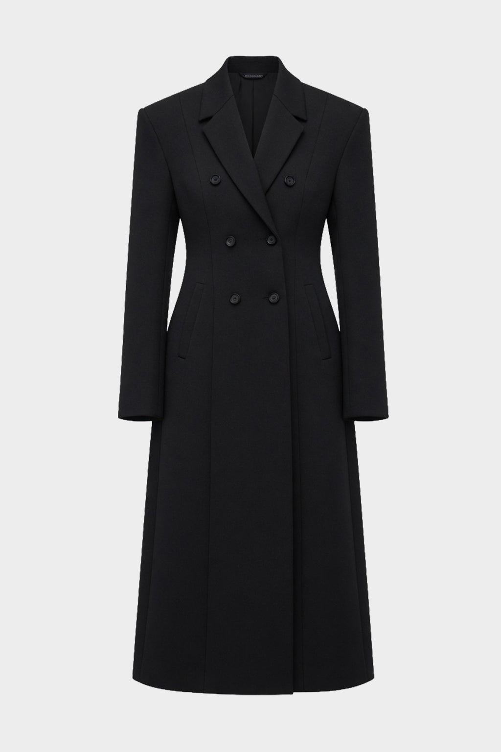 Black long double-breasted notch-collar coat, front view with button details