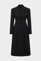 Black long double-breasted notch-collar coat, front view with button details