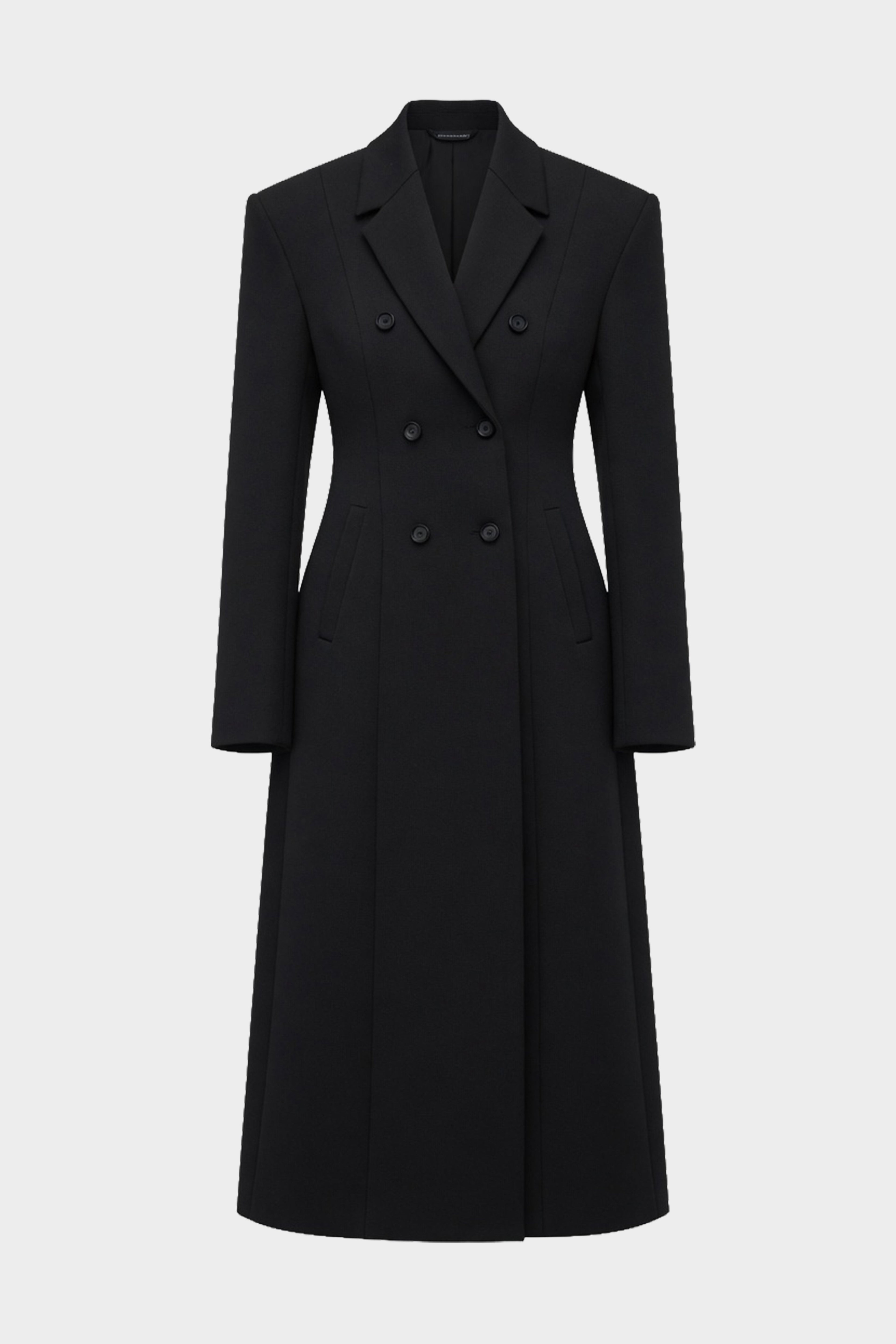 Black long double-breasted notch-collar coat, front view with button details