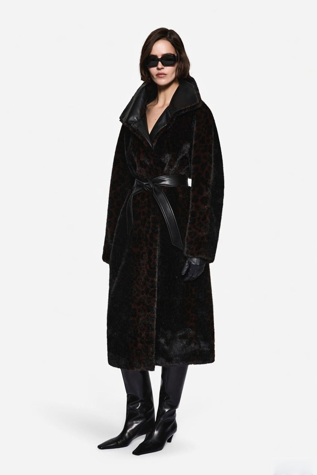 Leopard-pattern fur coat with hood and dark satin belt