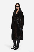 Leopard-pattern fur coat with hood and dark satin belt