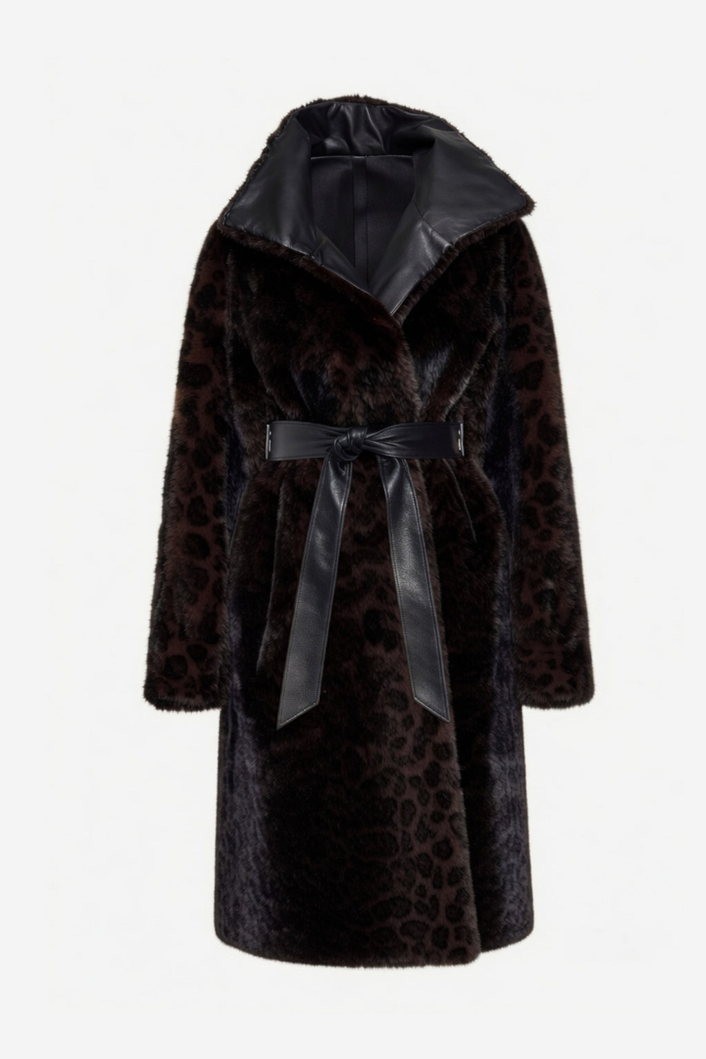 Leopard-pattern fur coat with hood, wide collar, and waist-tie belt