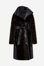 Leopard-pattern fur coat with hood, wide collar, and waist-tie belt