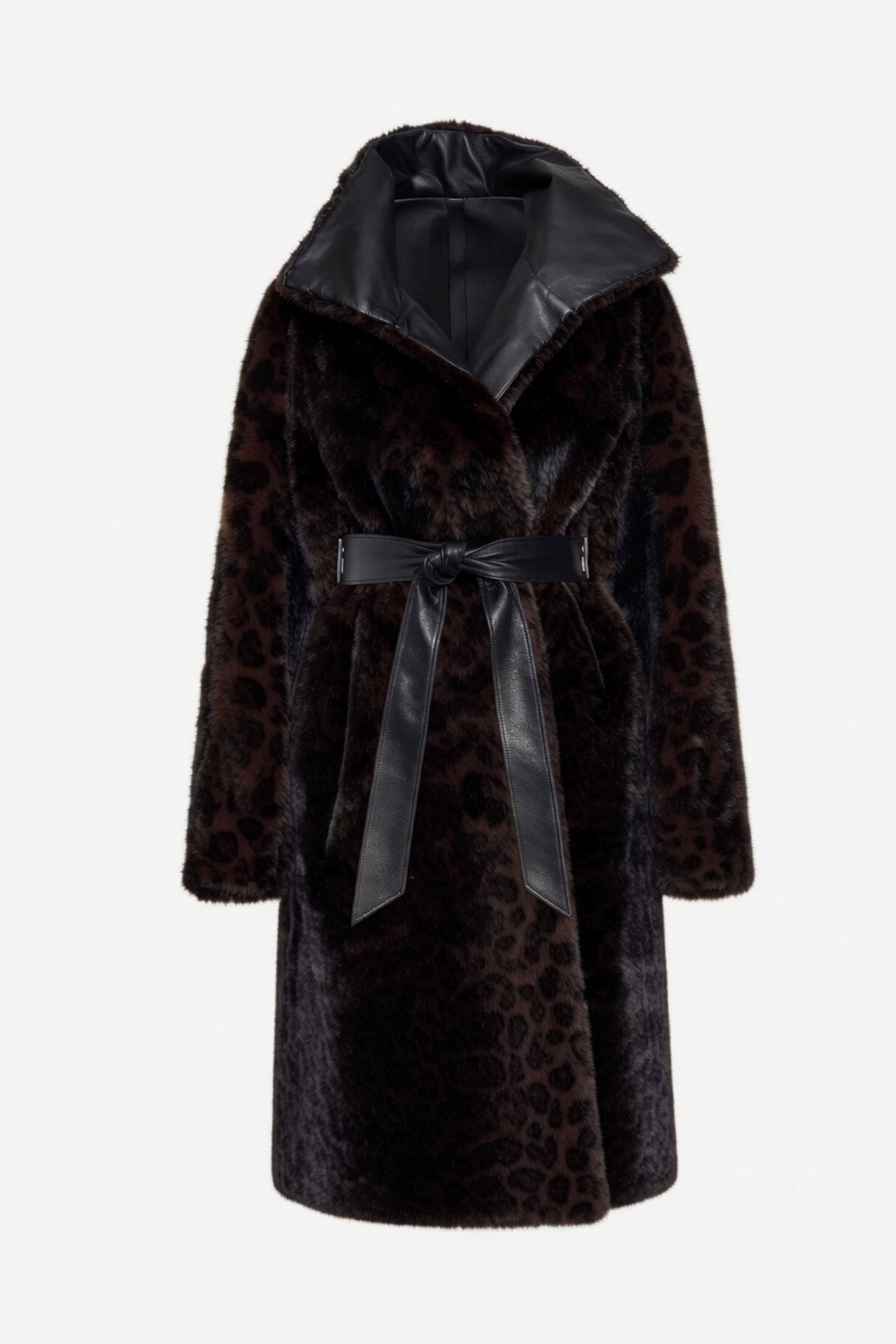 Leopard-pattern fur coat with hood, wide collar, and waist-tie belt