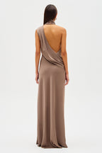 Iron gray satin slip dress, open back with draped cowl collar