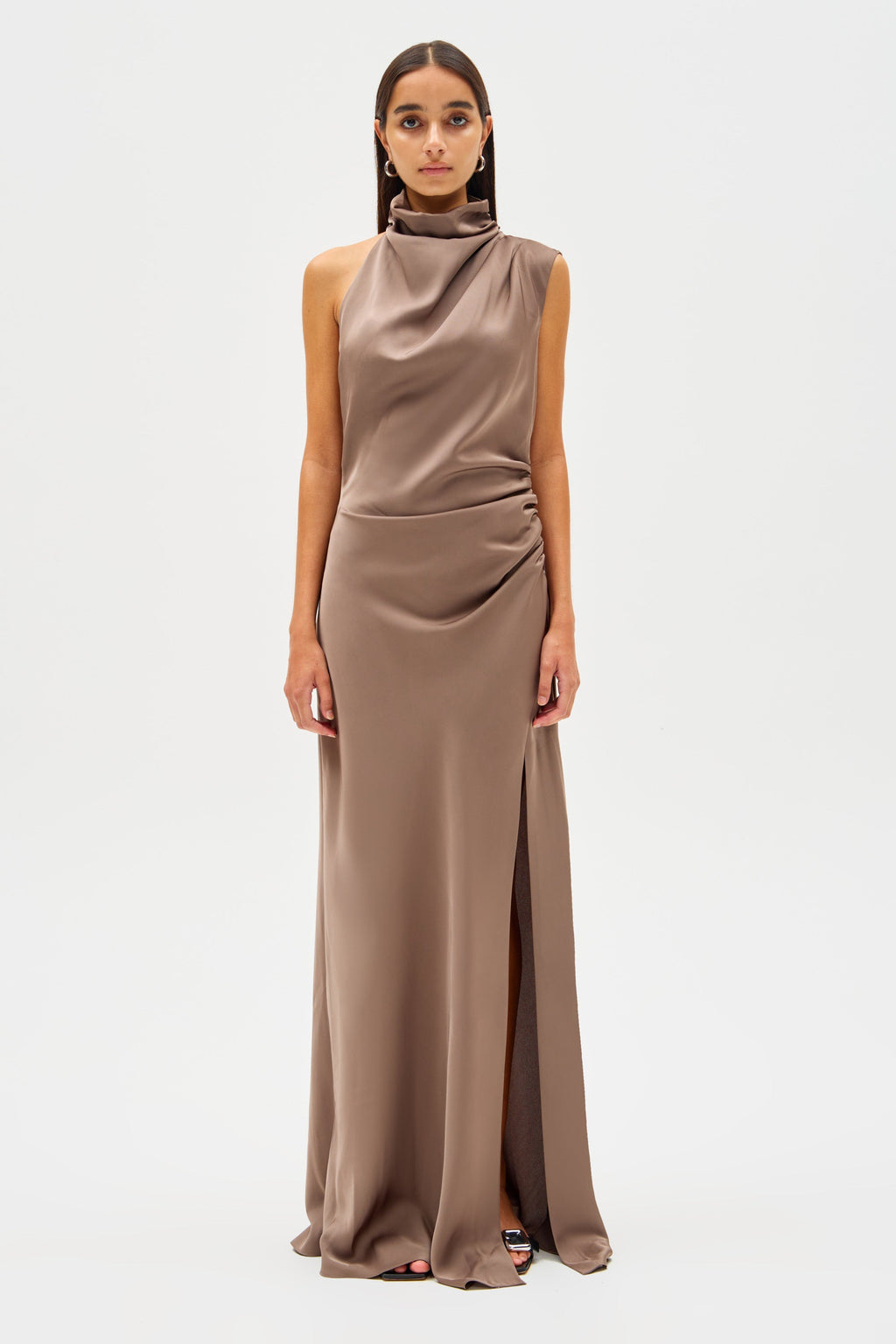 Iron gray satin slip dress with cowl neck, sleeveless cut, side slit