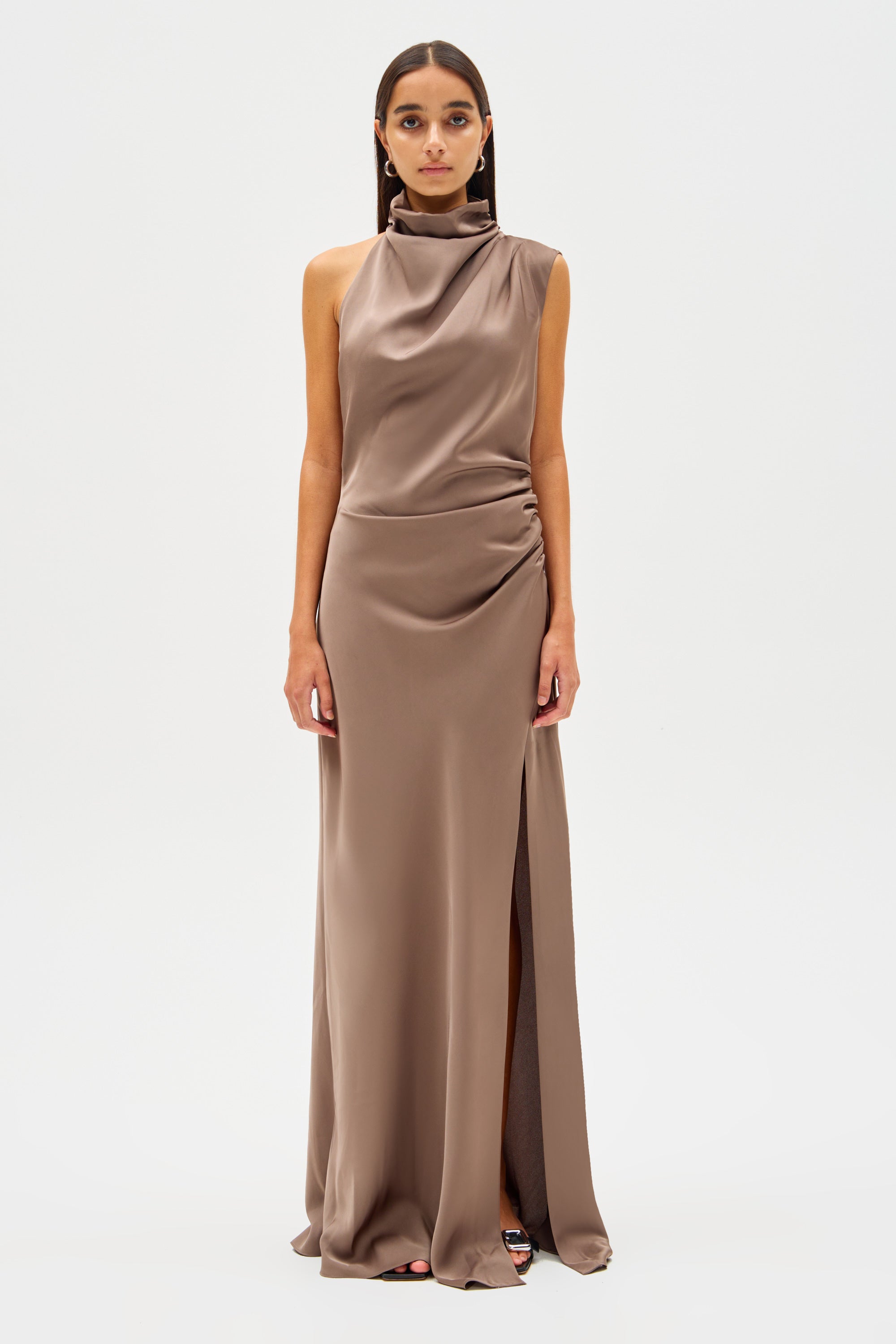 Iron gray satin slip dress with cowl neck, sleeveless cut, side slit