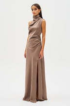 Iron gray satin slip dress with cowl neck and sleeveless drape, floor length