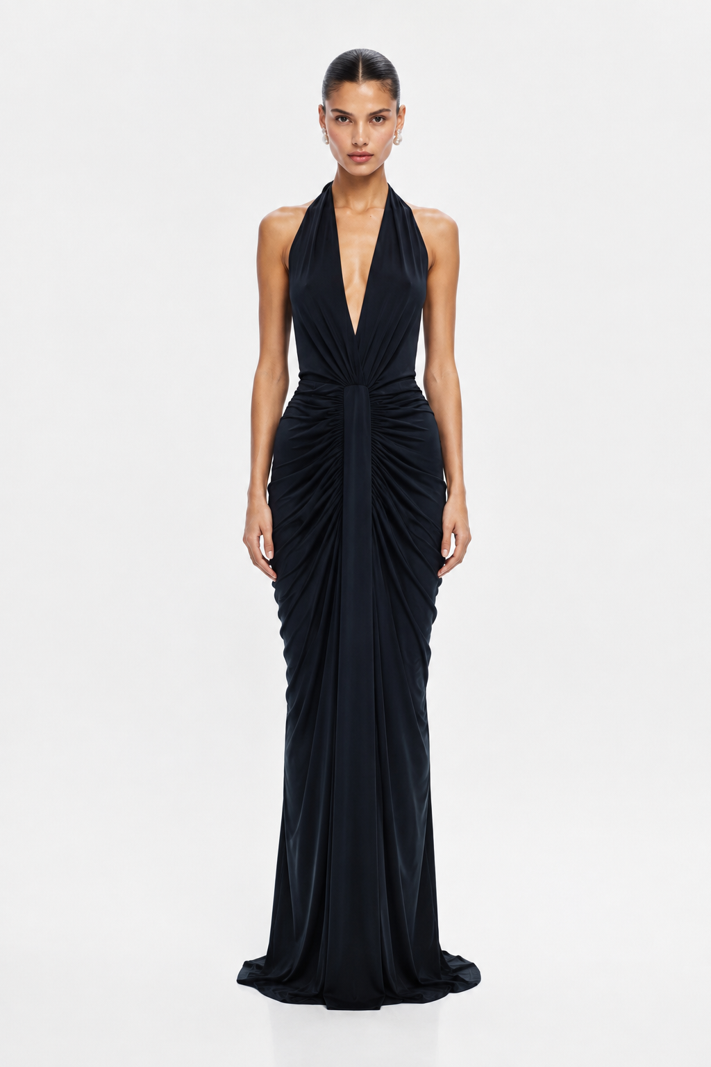 Black gathered cupro halter dress with deep V neckline and draped waist detail