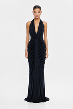Black gathered cupro halter dress with deep V neckline and draped waist detail