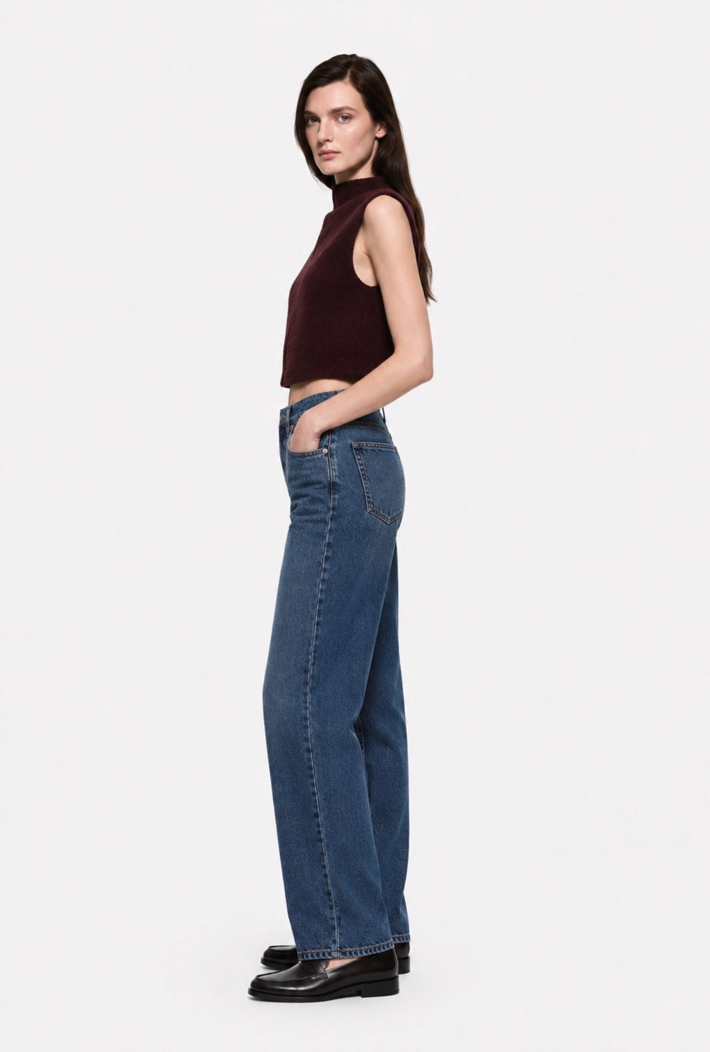 Burgundy boucle sleeveless top with high neck and fitted waist
