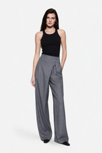 Grey wrap-front suiting pants with wide-leg silhouette