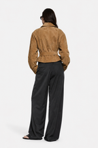Back view of tan suede leather jacket with waist belt tie and long sleeves