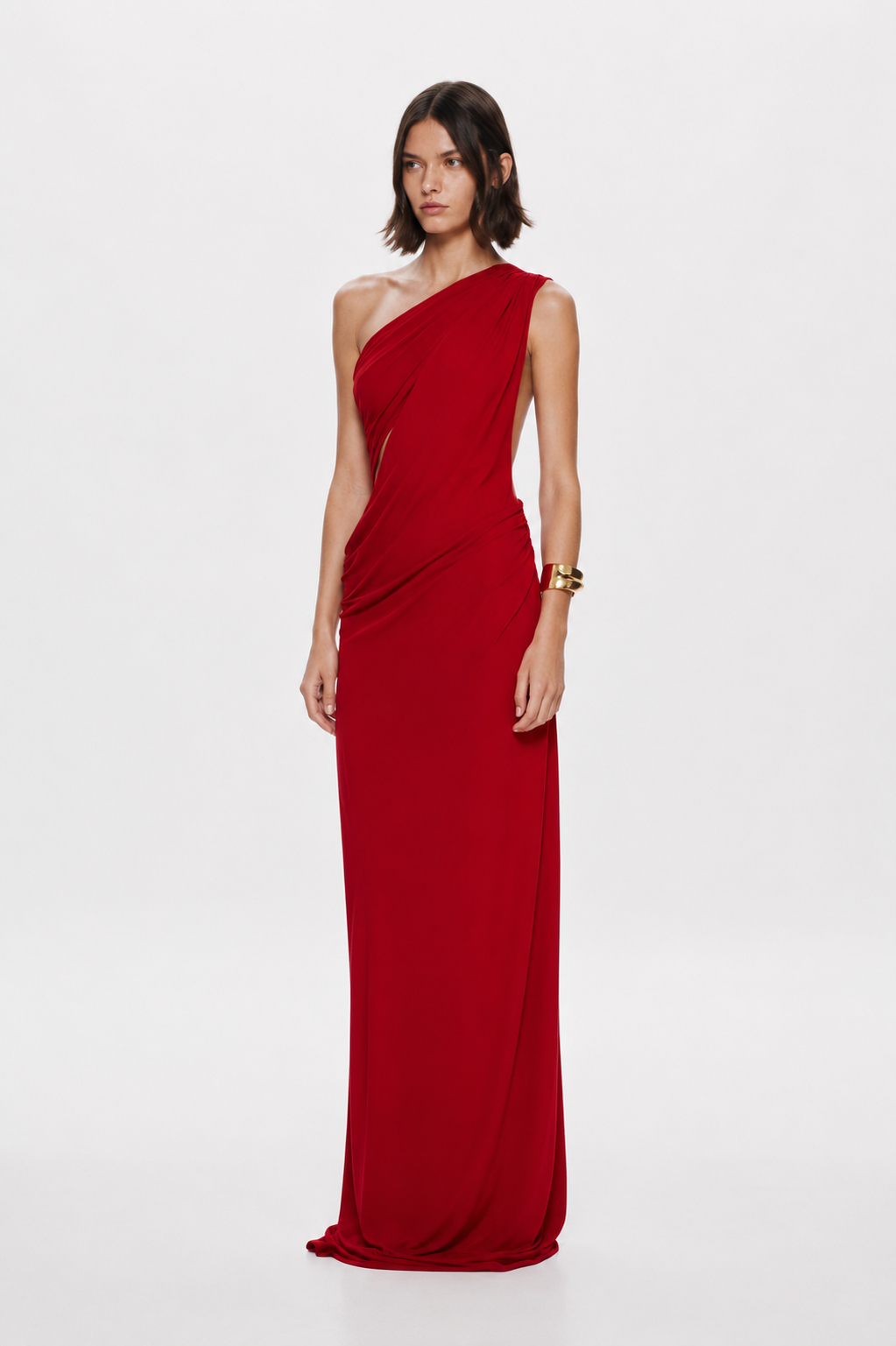 Cherry red draped one-shoulder cupro maxi dress with side twist