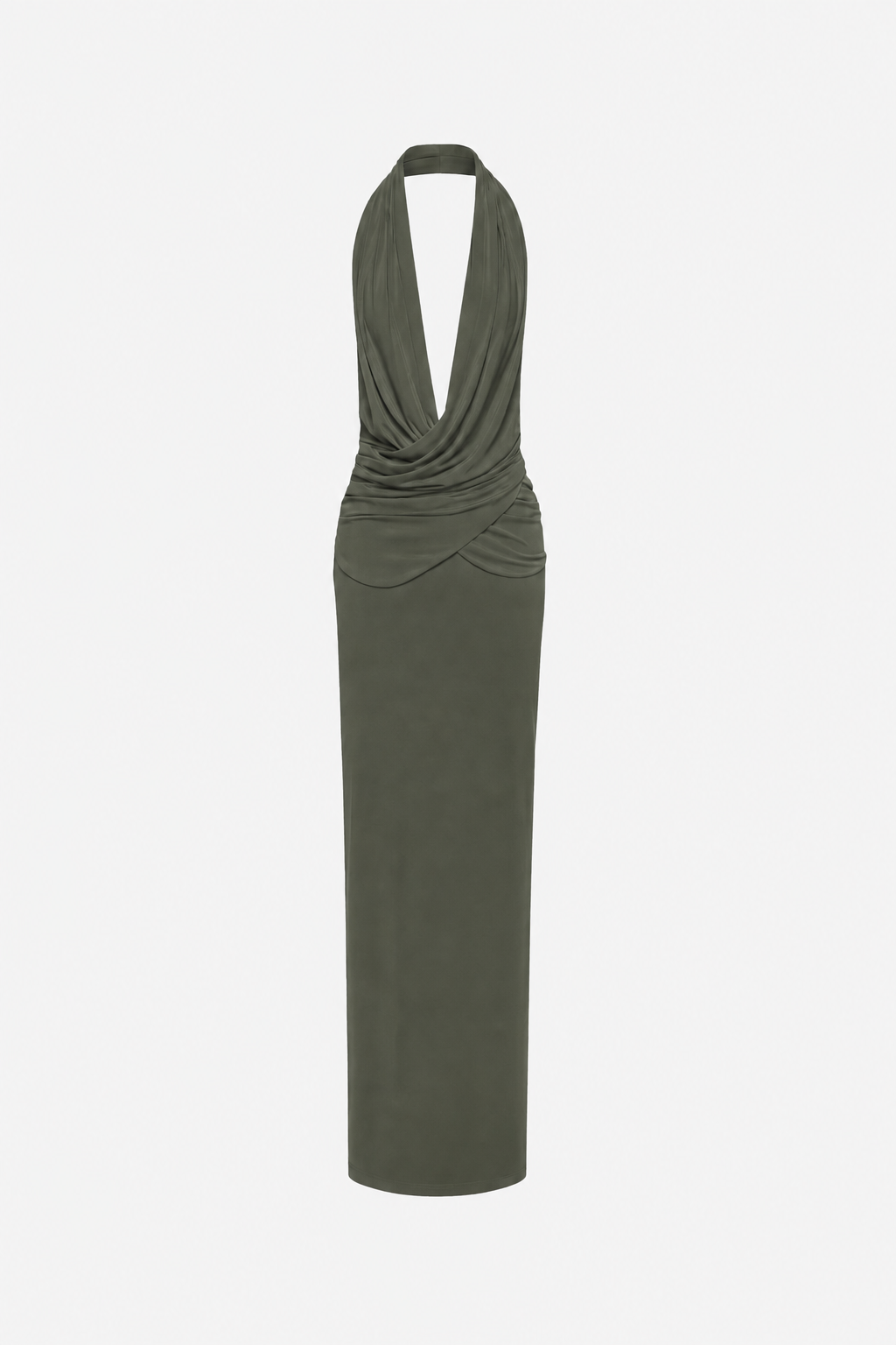Olive green halter maxi dress on hanger, open-back drape and crossover bodice