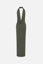 Olive green halter maxi dress on hanger, open-back drape and crossover bodice