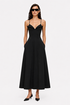 Black midi crepe dress with spaghetti straps, V-neck bodice and flared skirt