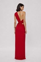 Cherry red backless cupro maxi dress with crossed drape and open back