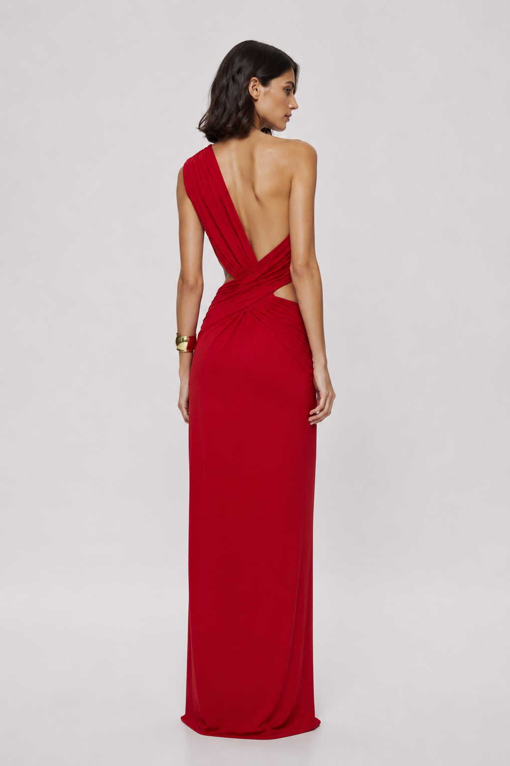 Cherry red backless cupro maxi dress with crossed drape and open back